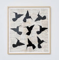 Circular Songs (Chalk Drawing of Black Hummingbirds on Vintage Sheet Music)