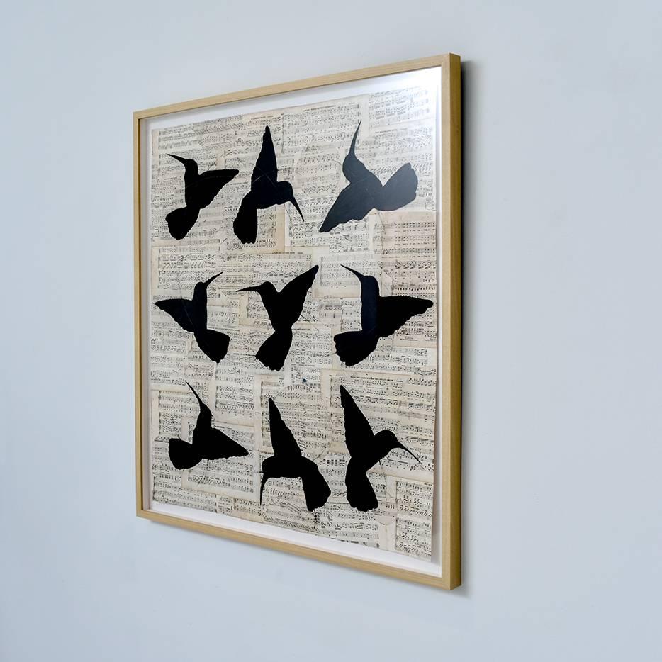 Circular Songs (Chalk Drawing of Black Hummingbirds on Vintage Sheet Music) - Contemporary Art by Louise Laplante