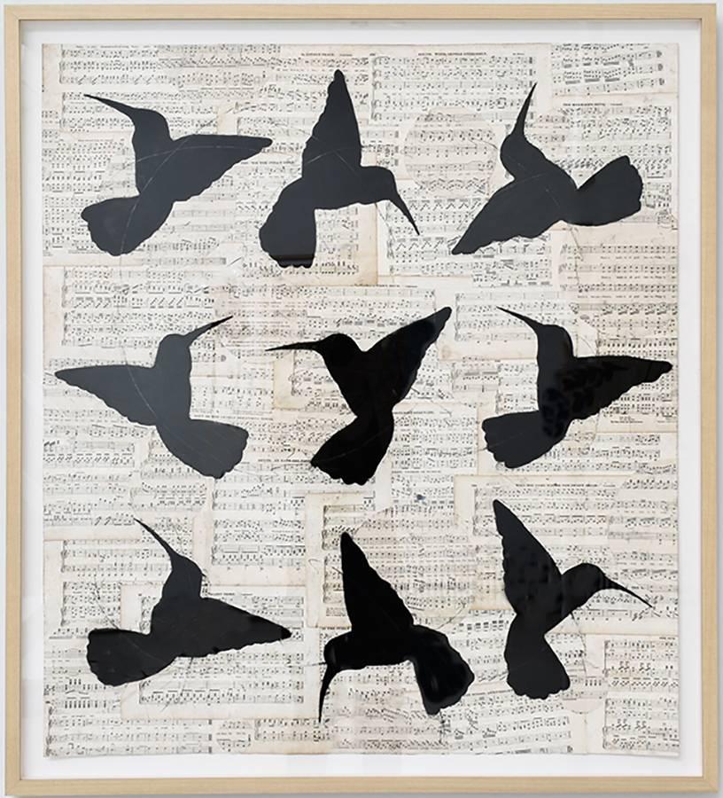 Louise Laplante Figurative Art - Circular Songs (Chalk Drawing of Black Hummingbirds on Vintage Sheet Music)