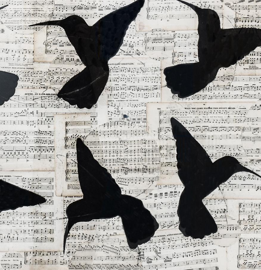 Circular Songs (Chalk Drawing of Black Hummingbirds on Vintage Sheet Music) 2