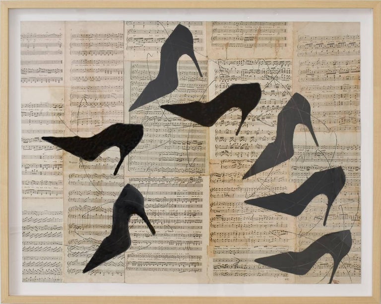 Shall We Dance (Figurative Chalk Drawing of Black Heels on Vintage Music Sheets) - Art by Louise Laplante