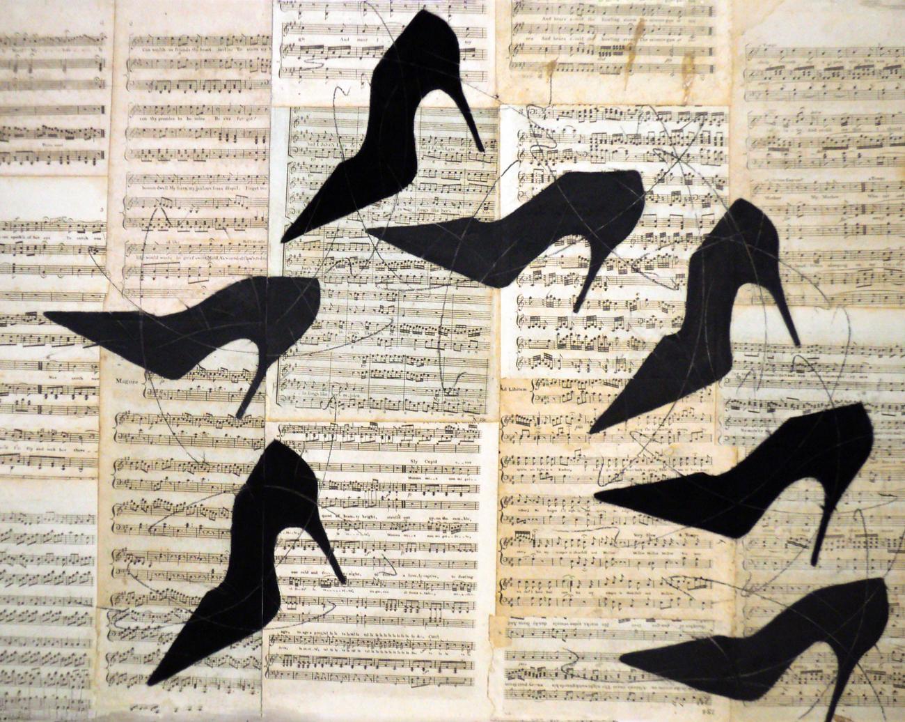 Shall We Dance (Figurative Chalk Drawing of Black Heels on Vintage Music Sheets)