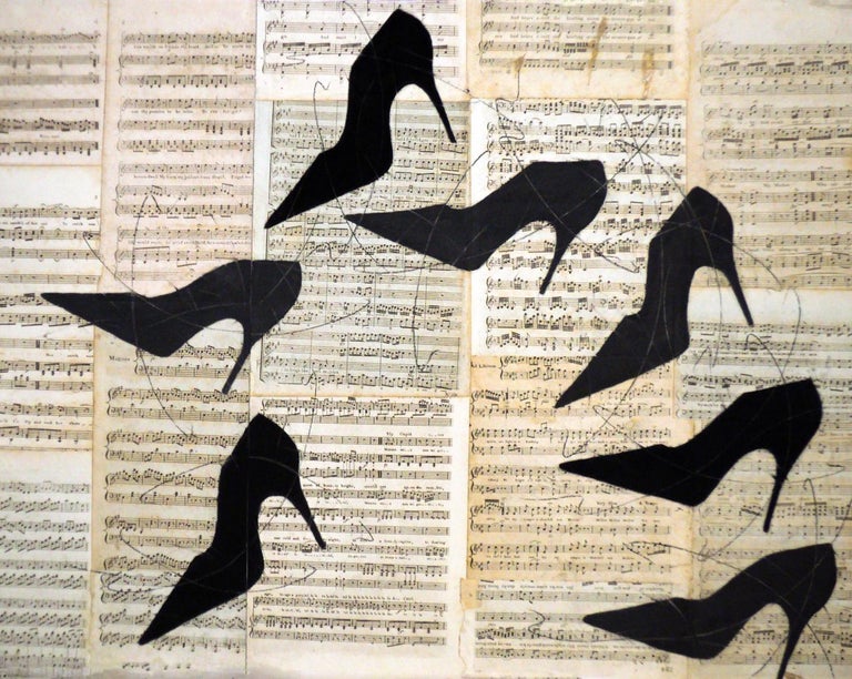Louise Laplante Still-Life - Shall We Dance (Figurative Chalk Drawing of Black Heels on Vintage Music Sheets)