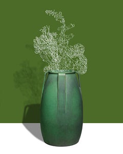 Green Leaf (Abstracted Flower Still Life Photograph of Antique Vase on Green)