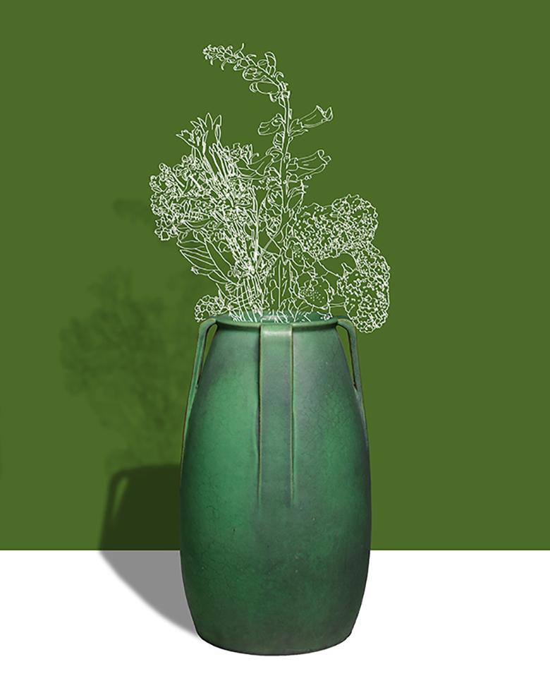 Bryan Meador Color Photograph - Green Leaf (Abstracted Flower Still Life Photograph of Antique Vase on Green)