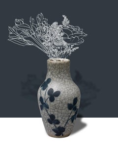 Mirage (Abstract Flower Still Life Photograph of Antique Vase on Grey-Blue)