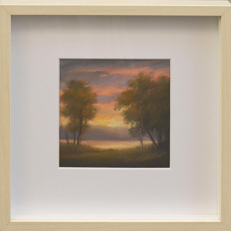 Series 25, No. 24:  Mini Landscape Pastel of Hudson Valley Sunset by Jane Bloodgood-Abrams
Small landscape drawing on paper of a colorful sunset in the Hudson River Valley
Pastel on paper
Image: 4.5 x 4.5 inches
Frame and mat: 12 x 12 inches

Jane