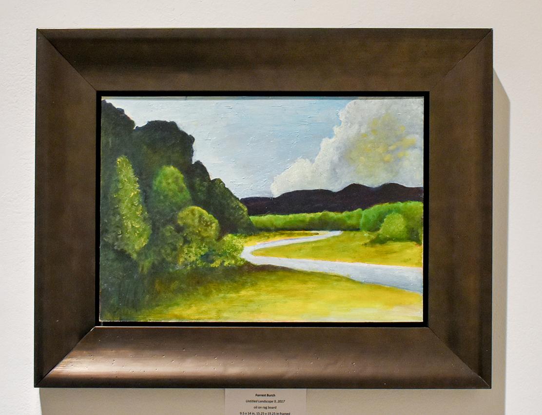 Ohne Titel 9 (gerahmtes Landschaftsgemälde eines grünen Waldes und eines blauen Flusses) (Moderne), Painting, von Forrest Burch