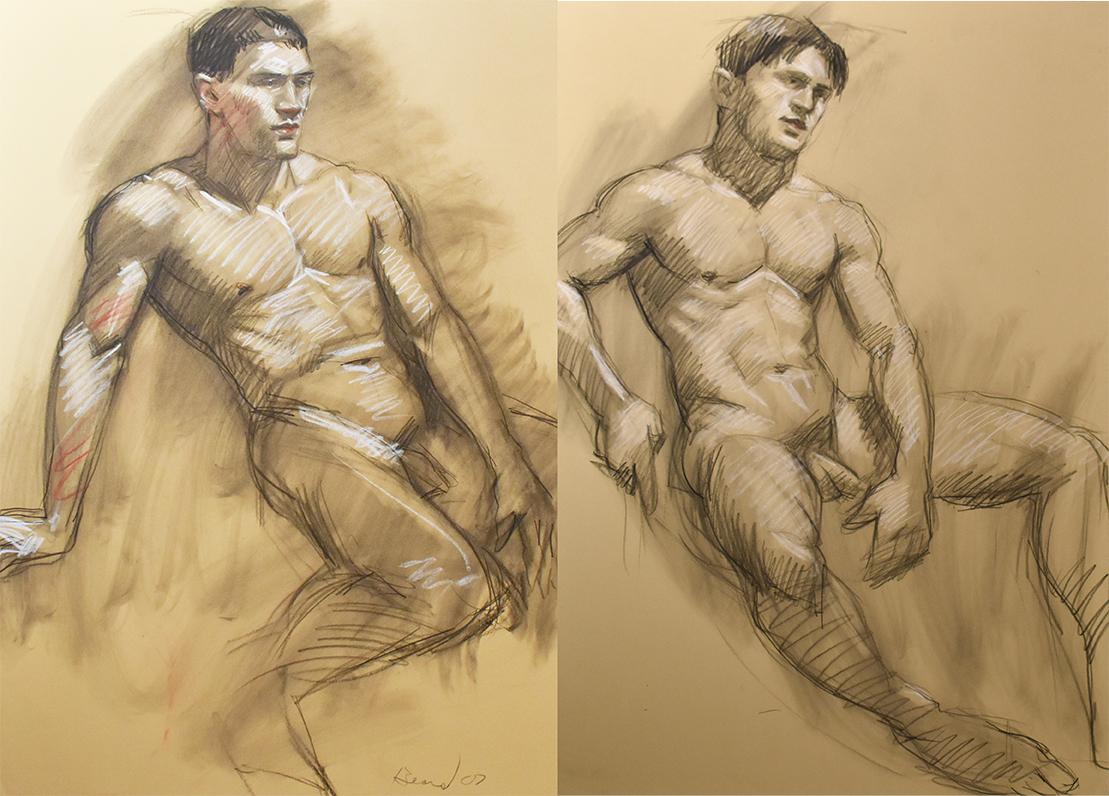MB 076 A&B (Double Sided Figurative Charcoal Drawing of Male Nudes)