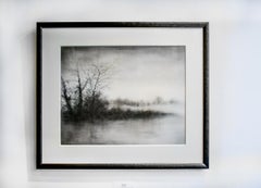 Water's Edge (Black & White Charcoal Landscape Drawing of Trees & Water, Framed)