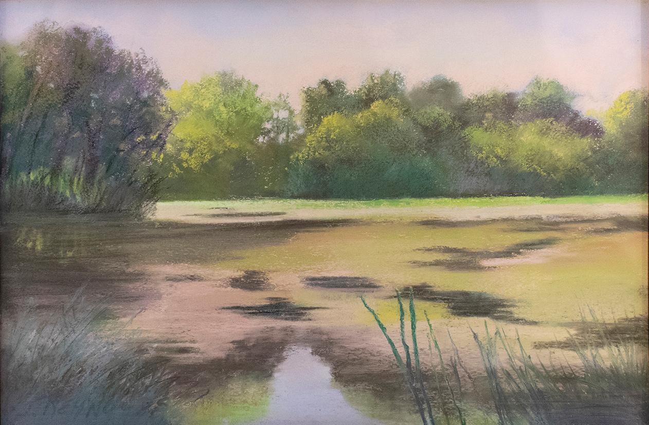 Judy Reynolds Landscape Art - Old Pond Chatham (Impressionist Style Landscape Drawing of a Country Pond)