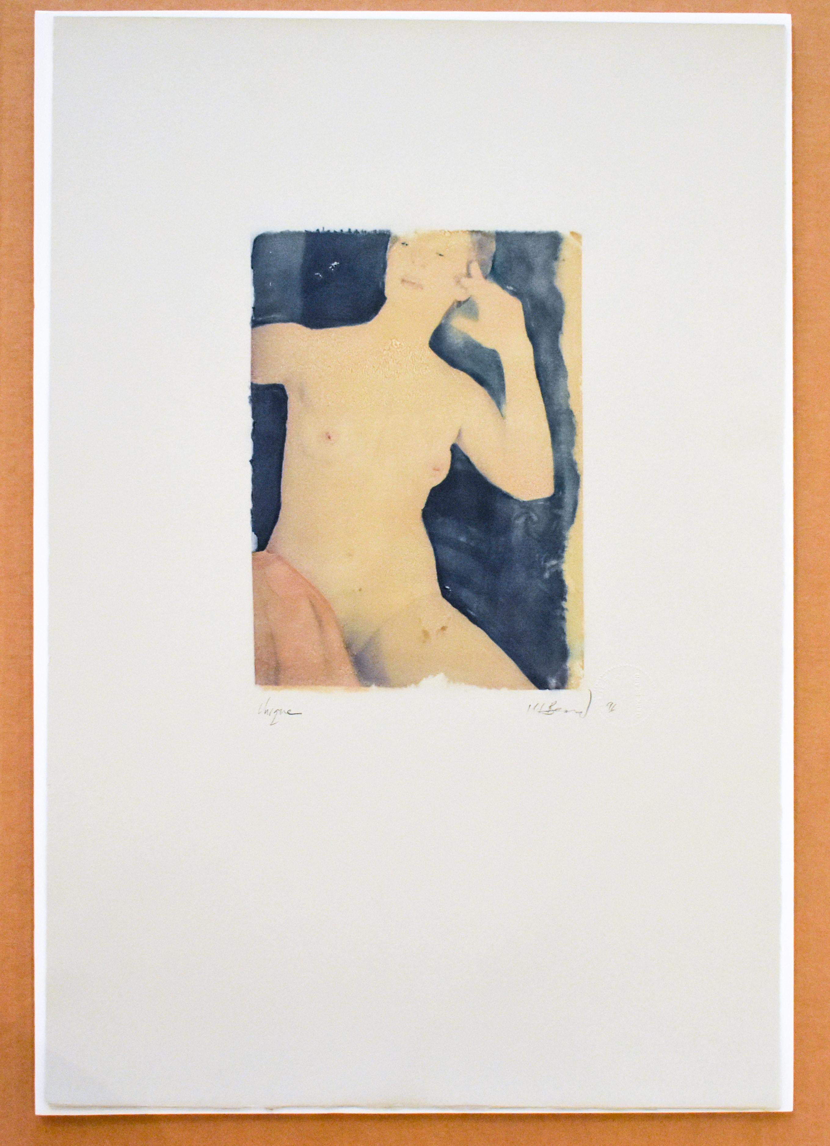 Untitled 31 (Figurative Zeichnung, Polaroidübertragung eines jungen weiblichen Aktes)  (Beige), Nude, von Mark Beard