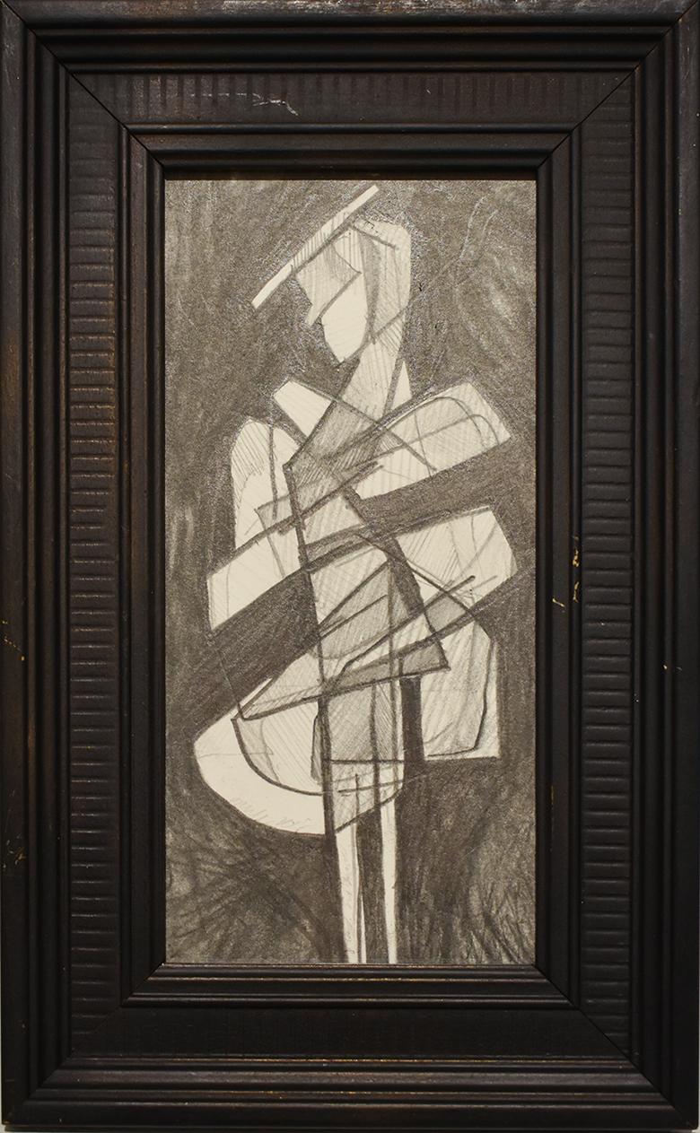 David Dew Bruner Abstract Drawing – Infanta LIV (Abstract Figurative Graphite Drawing in Black Vintage Frame)