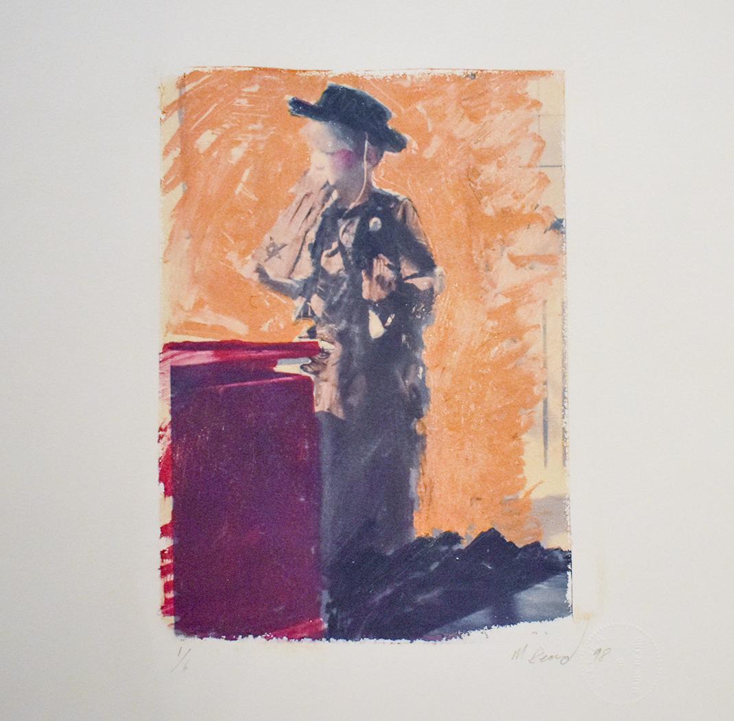 Mark Beard Figurative Photograph - Untitled 25 (Figurative Drawing Polaroid Transfer of a Boy in Cowboy Costume)