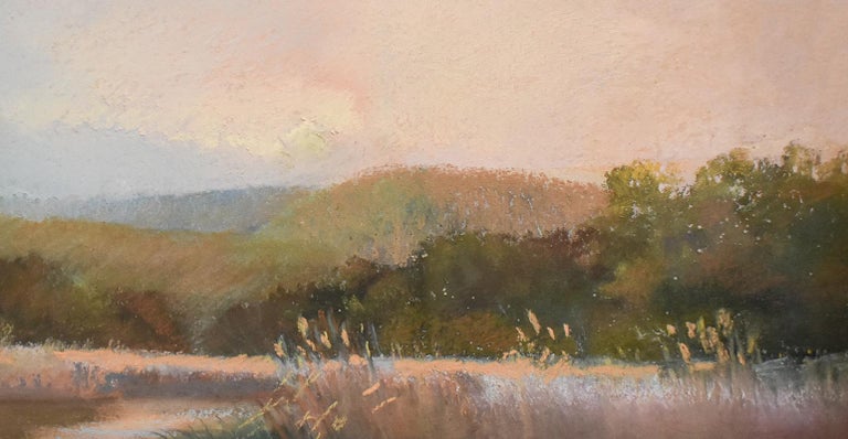 Small, impressionist style en plein air landscape pastel drawing on paper in gold frame
Sight dimensions: 6 x 12 inches, 11.5 x 17.5 inches in gold frame
Signed, verso

This small, horizontal pastel en plein air drawing of a country landscape was