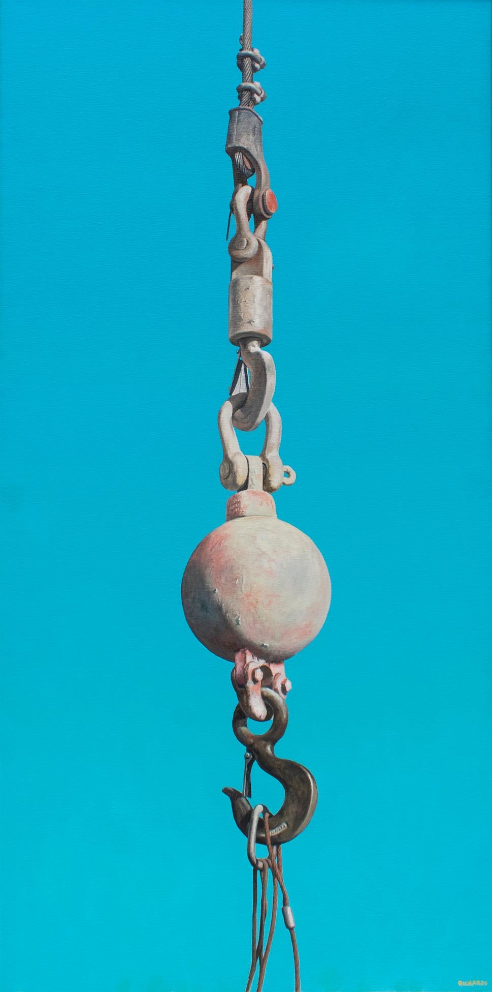 Pink Ball & Hook (Photorealist Oil Painting of Industrial Equipment on Blue)