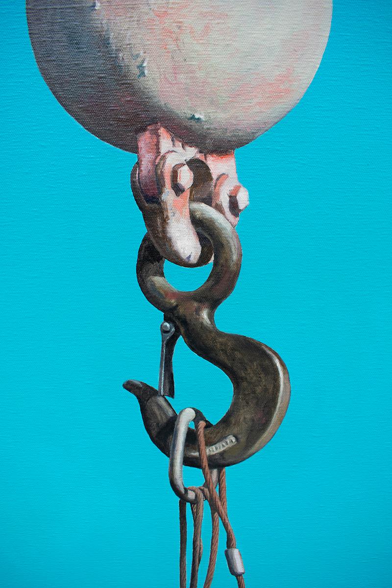 Ball & Hook rose (peinture à l'huile photoréaliste d'un équipement industriel sur bleu) - Photoréalisme Painting par Joseph E. Richards