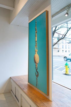 Pink Ball & Hook (Photorealist Oil Painting of Industrial Equipment on Blue)