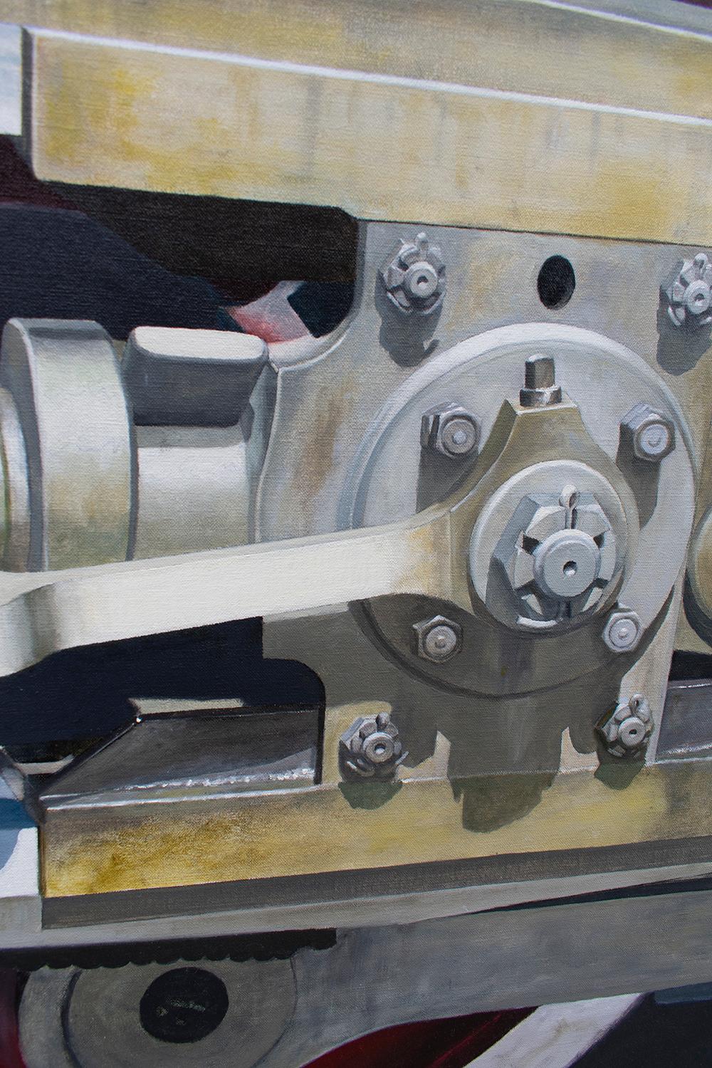 Essex V (Large Photorealist Oil Painting on Canvas of a Red Train Wheel) 1