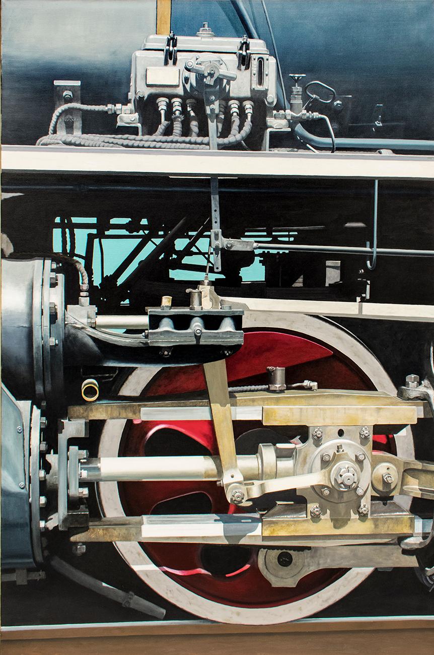 Large photo-realist painting on canvas of a red train wheel with steel blue train exterior
72.5 x 48.5 x 2 inches 
oil on canvas, thin wood stripping
signed "Joseph E. Richards", verso 
hangs on two d-rings

This precisely detailed photo-realist