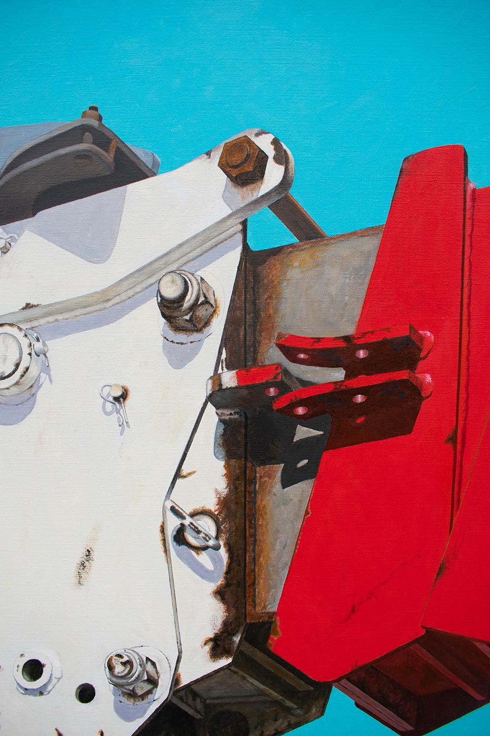 Telescoping n° 2 (Grande peinture à l'huile photoréaliste d'une grue rouge et blanche sur bleu) - Painting de Joseph E. Richards