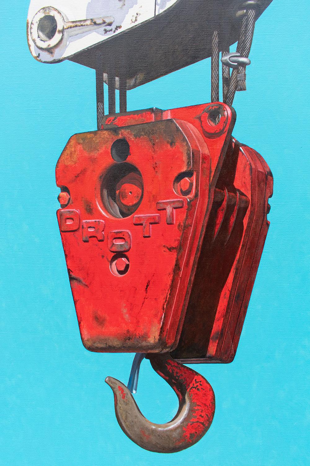 Telescoping n° 2 (Grande peinture à l'huile photoréaliste d'une grue rouge et blanche sur bleu) - Photoréalisme Painting par Joseph E. Richards