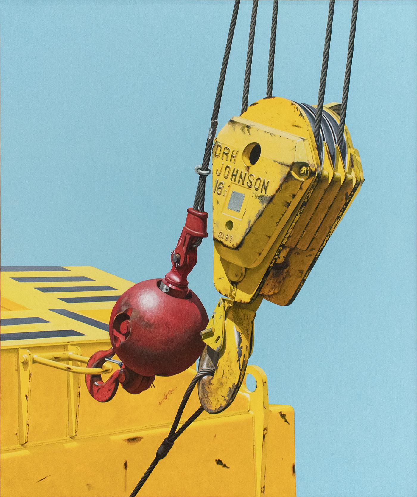 Photo-realist painting of a bright yellow and red industrial ball hook against a sky blue background
49 x 40 x 2 inches
oil on canvas, thin wood stripping
signed Richards in bottom right corner, recto
Painting is wired on reverse for easy