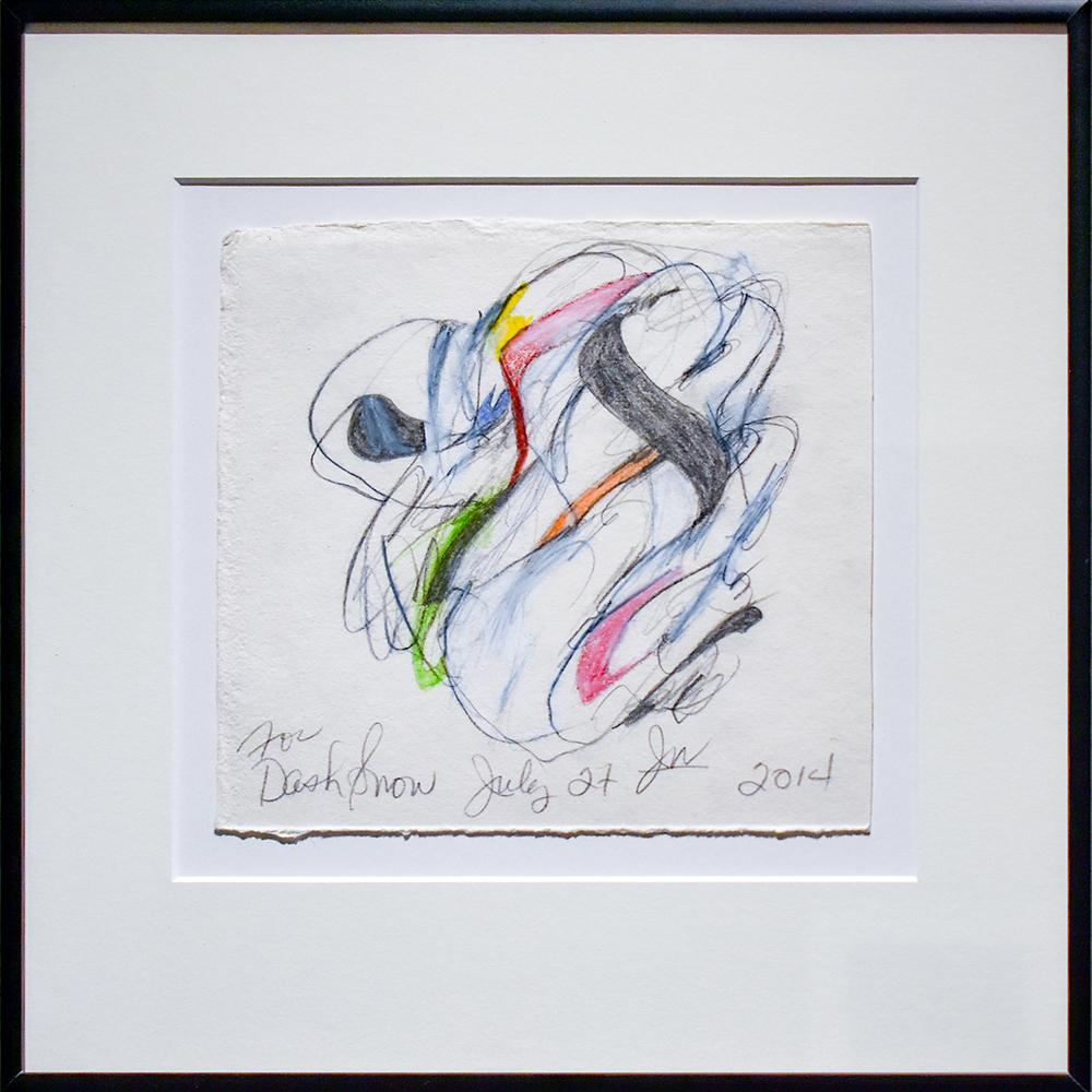 Gestural abstract drawing on paper by Jack Walls 
Pink, blue, green, yellow and grey colored pencil and graphite on paper
7 x 8 inch paper size, 13 x 13 inches in black metal frame and 8-ply white mat
Signed and dated on front

This abstract drawing