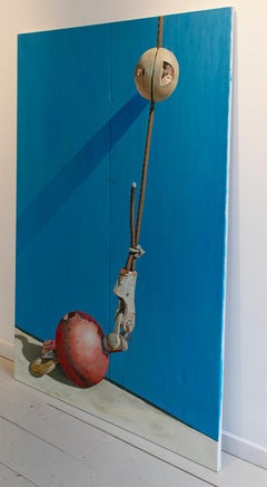 Red Ball: Large Photo-Realist Painting of Industrial Red Ball & Hook on Blue