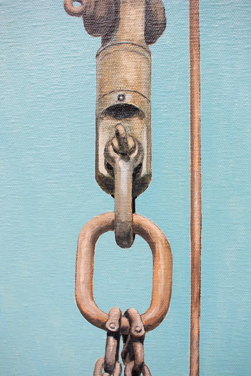 Large, vertical photo-realist painting on canvas of industrial red ball and steel grey crane on a sky blue background by Joseph Richards
oil on canvas, unframed
72 x 42 x 1.5 inches 
Signed lower right and verso 
Wire is installed on the back for