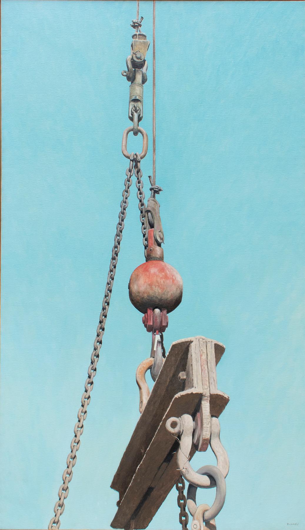 Crane : Grande peinture photoréaliste d'une grue industrielle avec boule rouge et grue grise sur bleu - Painting de Joseph E. Richards