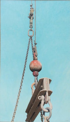 Retro Crane: Large Photo-Realist Painting of Industrial Red Ball & Grey Crane on Blue