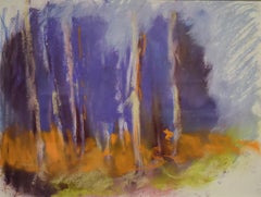 Violet Birches (Colorful Abstracted Landscape Pastel of Birch Trees, Framed)