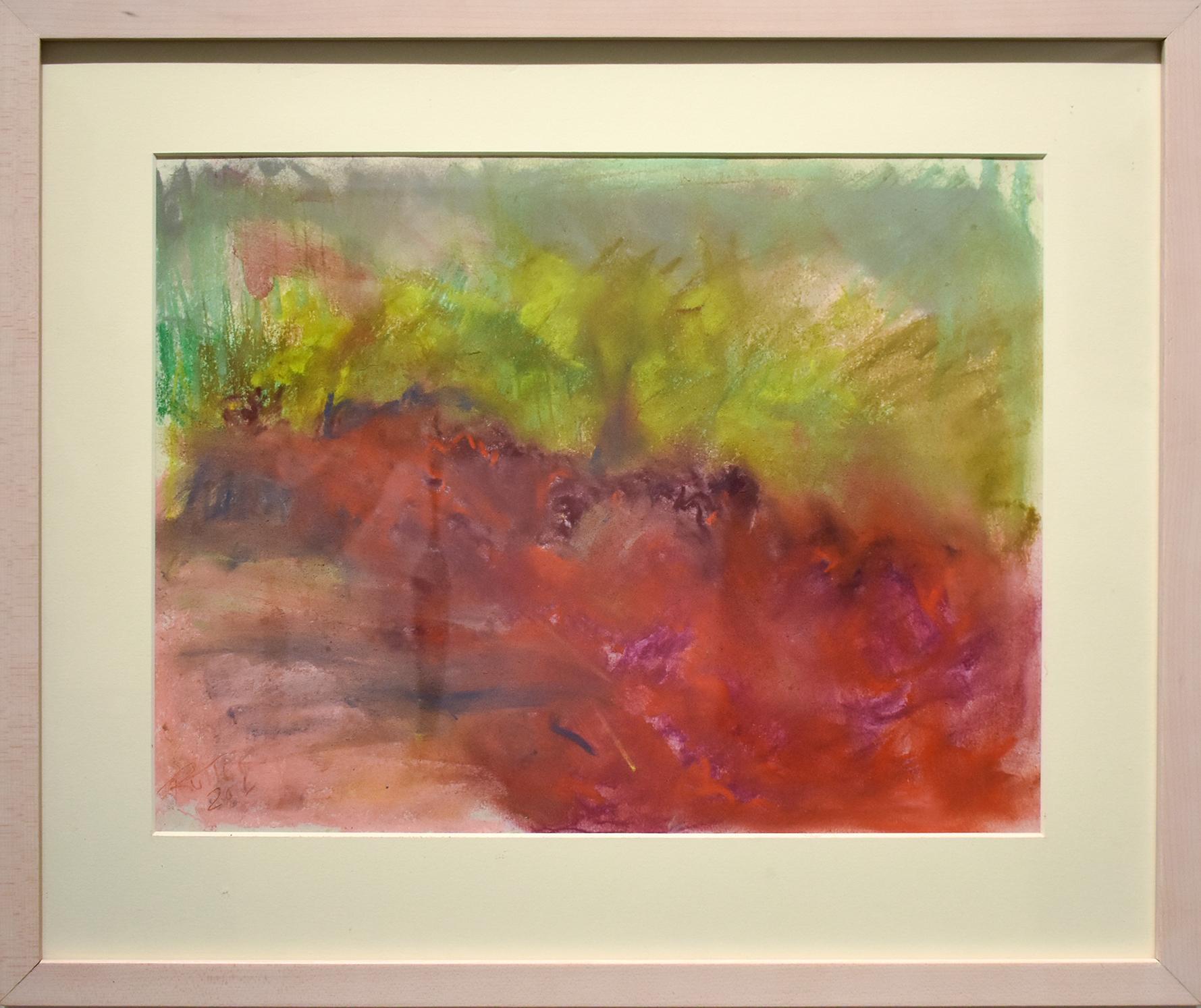 Clover in Ancram (Colorful Abstract Landscape in Green & Ruby Pink, Framed) - Art by Nancy Rutter