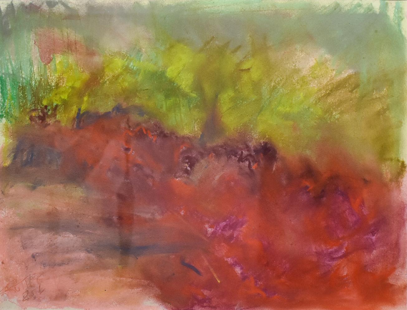 Nancy Rutter Landscape Art - Clover in Ancram (Colorful Abstract Landscape in Green & Ruby Pink, Framed)