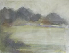 Silvery Dreams I (Cool Monotone Abstracted Landscape Pastel Drawing, Framed)
