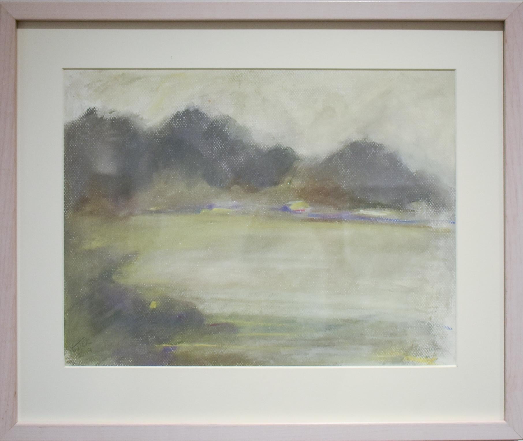 Silvery Dreams I (Cool Monotone Abstracted Landscape Pastel Drawing, Framed) - Art by Nancy Rutter