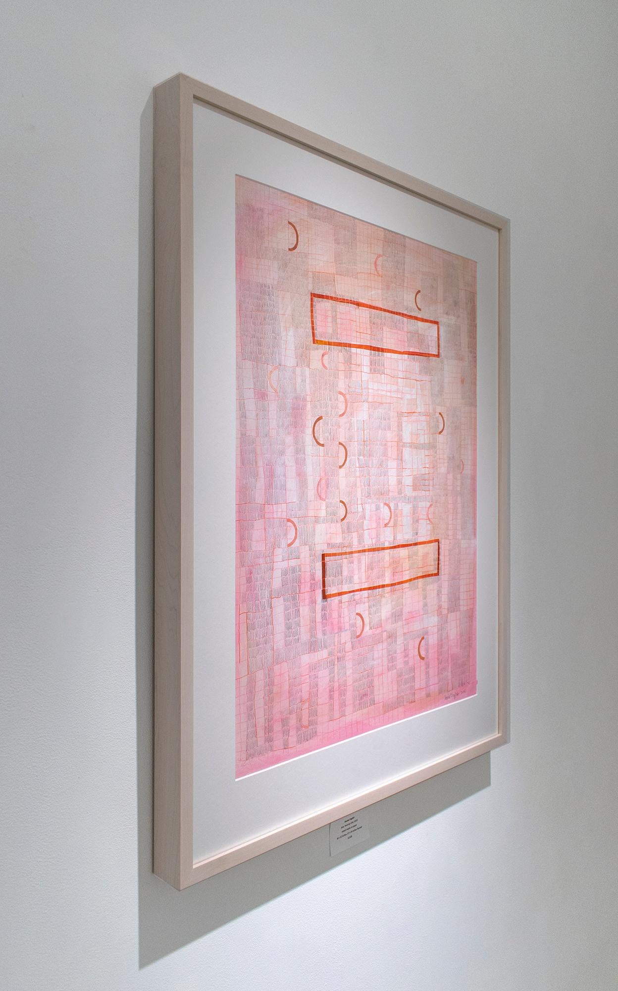 Pink Grid (Abstract Geometric Collage Drawing, Custom Non-Glare Frame) - Art by Donise English