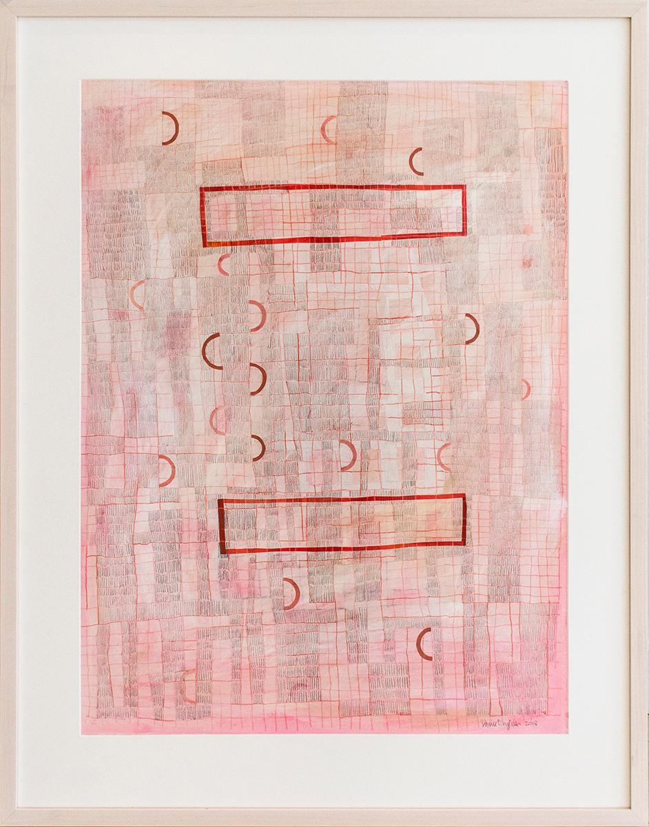 Donise English Abstract Drawing - Pink Grid (Abstract Geometric Collage Drawing, Custom Non-Glare Frame)