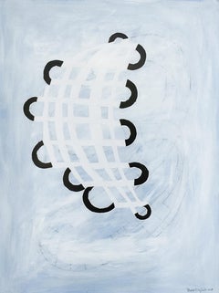 Blue Twisting Grid (Abstract Geometric Work on Paper, Custom Light Wood Frame)