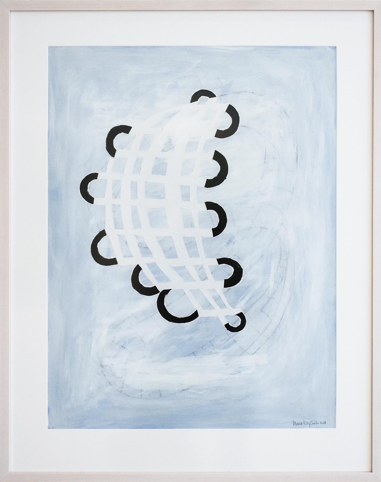 Donise English Abstract Drawing – Blaues verdrehtes Gitter (abstrakte geometrische Arbeit auf Papier, maßgefertigter Lichtholzrahmen)
