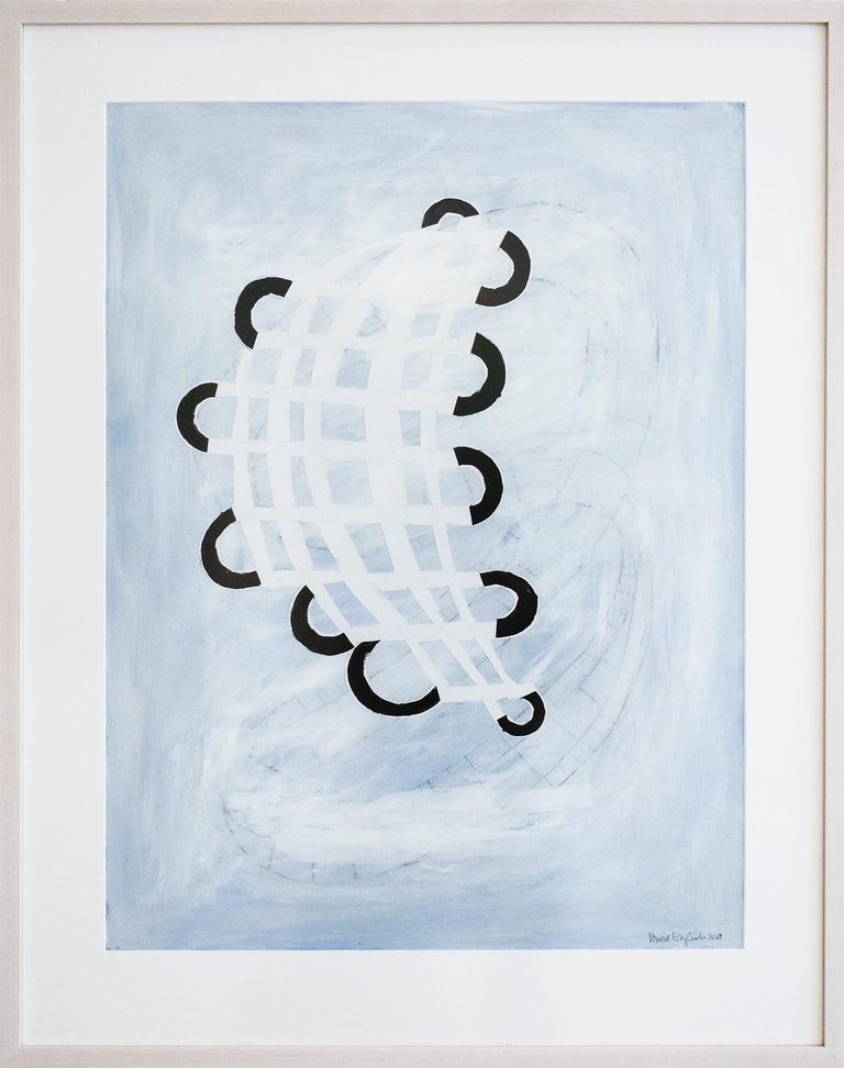 Donise English Abstract Drawing - Blue Twisting Grid (Abstract Geometric Work on Paper, Custom Light Wood Frame)