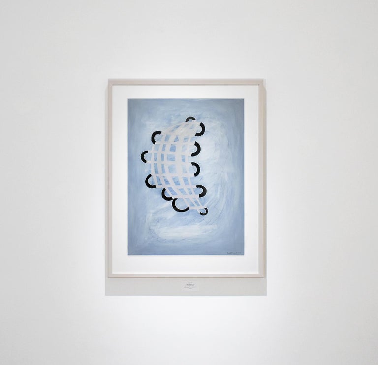 Abstract drawing on paper in light sky blue, black and white with custom light wood frame
'Blue Twisting Grid' by Donise English
30 x 22 inches unframed, 37 x 29 inches custom frame with non-glare plexi glass.
Signed lower right

This abstract