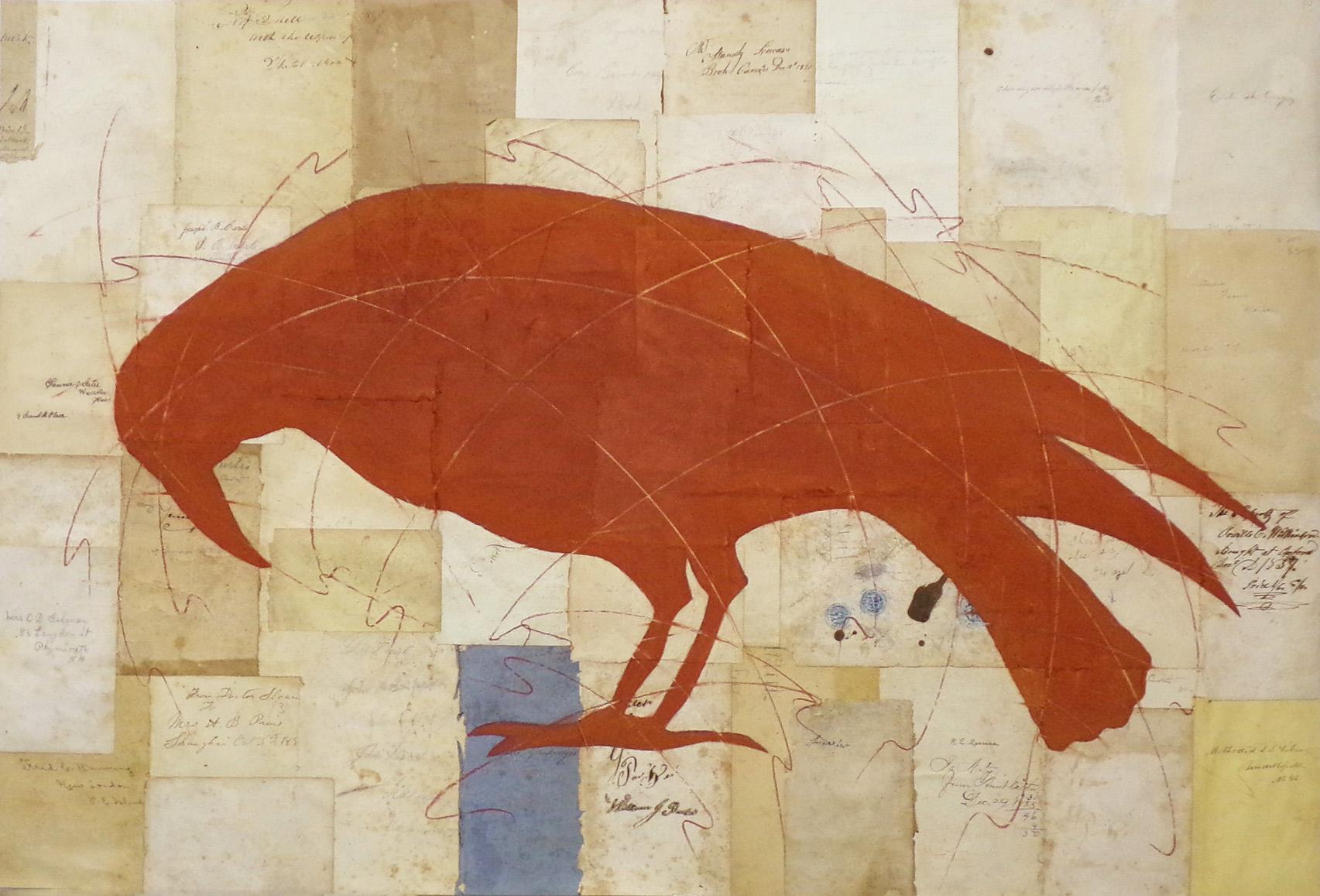 Louise Laplante Animal Art - The Big Red Bird (Chalk drawing of single bird on vintage collaged book pages)