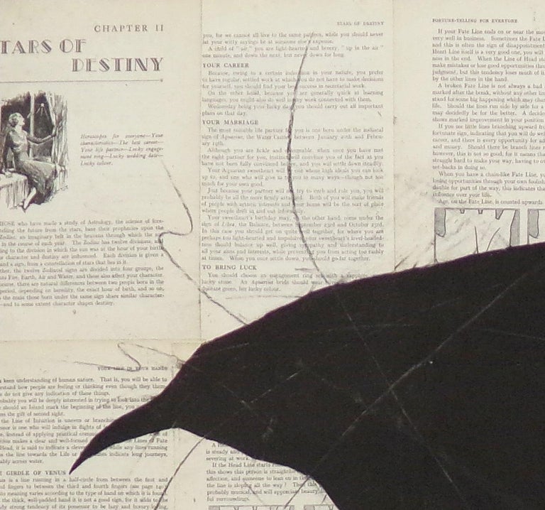 Raven Reads the Lines: Chalk Drawing of Black Bird on Vintage Book Pages - Contemporary Art by Louise Laplante