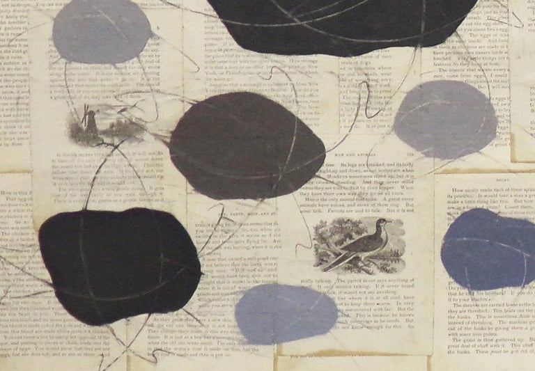 Abstract mixed media drawing of blue, black and grey clouds on vintage book pages
'Under Scattered Clouds' by Louise Laplante
chalk on vintage collaged book pages.
Artwork measures 26 x 40 inches unframed
30 x 43 inches in light wood frame

This