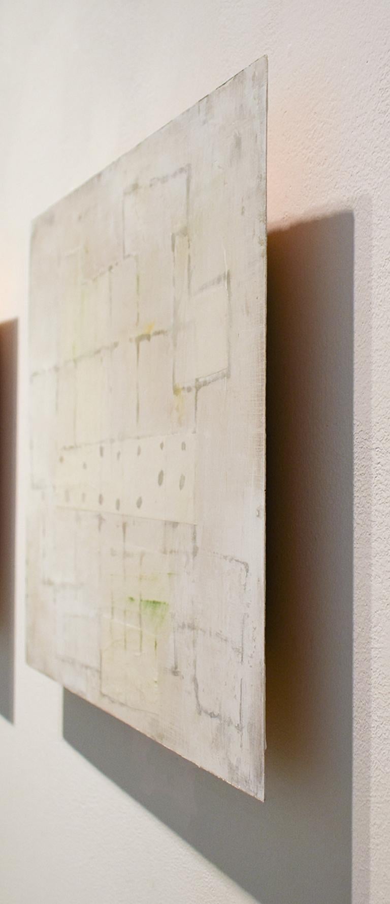 Untitled White 1 (Abstract Geometric Mixed Media Work on Wooden Panel) - Gray Abstract Painting by Donise English