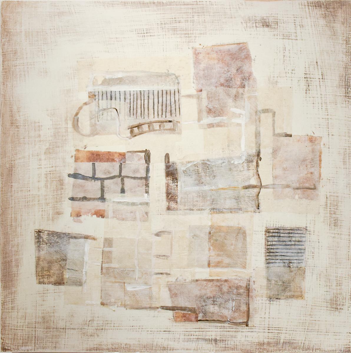 Donise English Abstract Drawing - Brown Yellow White (Neutral Abstract Mixed Media Painting on Wooden Panel)