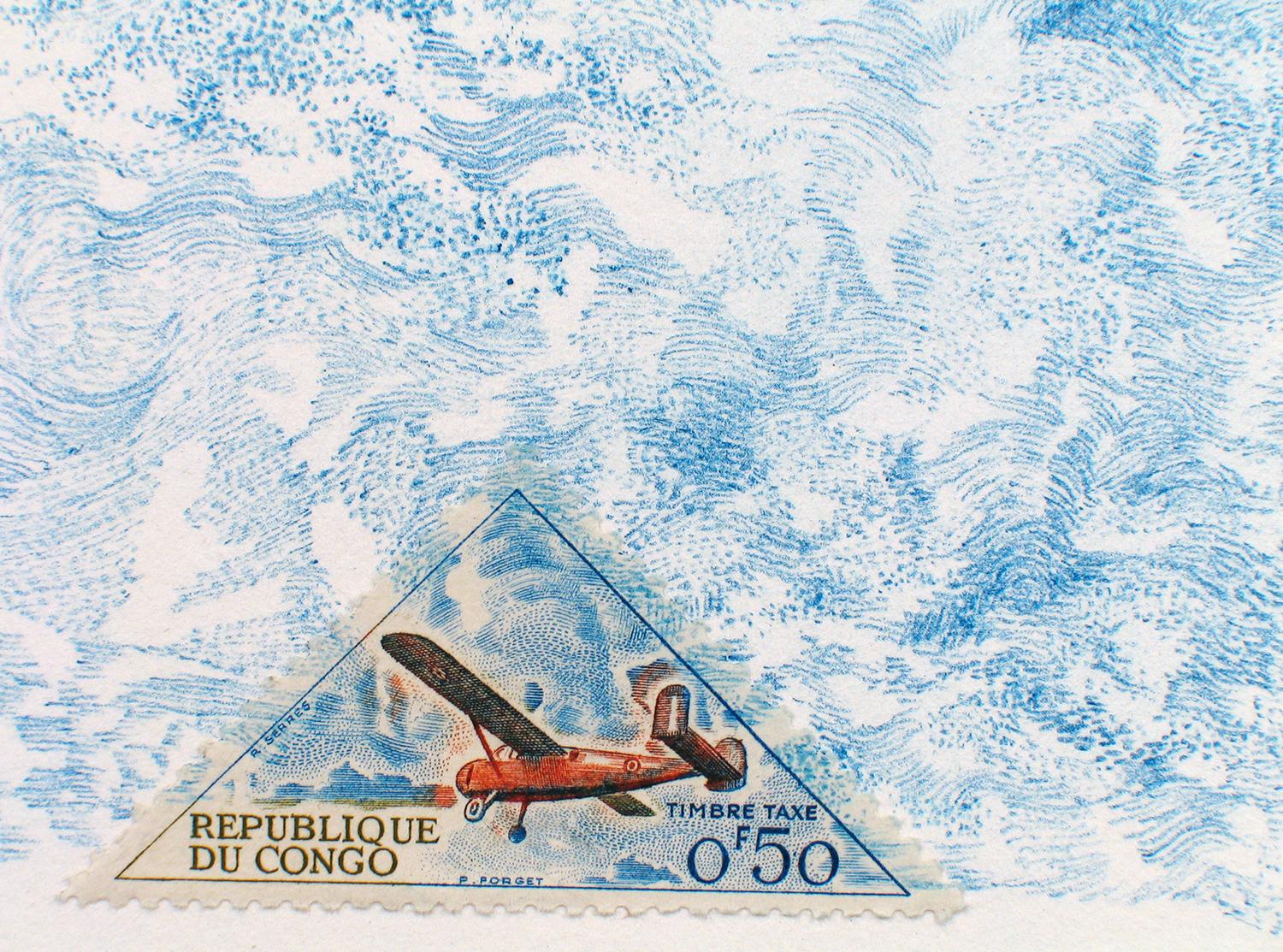 Republique du Congo (Wind): Pastel Blue Colored Pencil Drawing & Plane Stamp