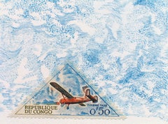 Republique du Congo (Wind): Pastel Blue Colored Pencil Drawing & Plane Stamp